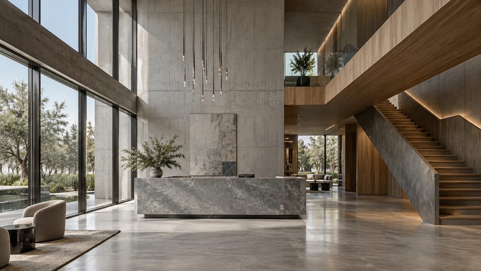 Recepção comercial com concreto, vidro e escada escultural — imagem ilustrativa